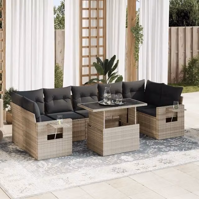 Set Divano da Giardino a L vidaXL in Polyrattan Grigio con Cuscini e Tavolino da Esterno