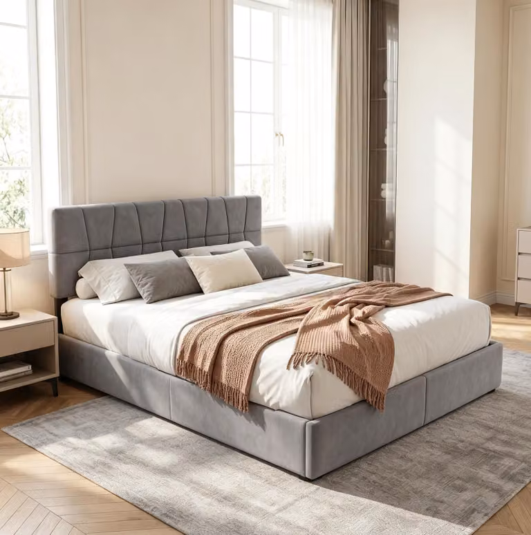 INONEFT Letto matrimoniale 160 x 200 cm, con 4 cassetti, struttura contenitore, rete a doghe e testiera, in velluto, colore grigio