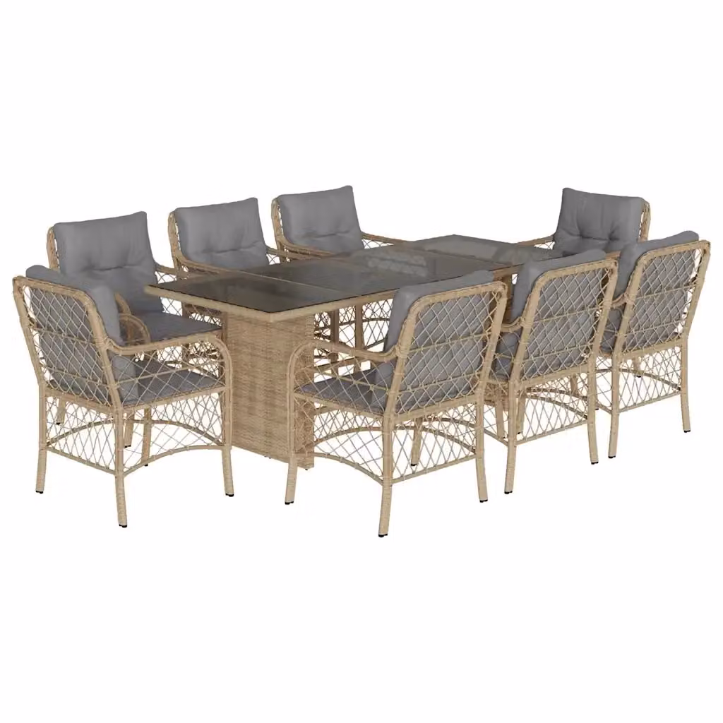 Set da pranzo da giardino vidaXL in polyrattan con piano in vetro e cuscini beige e bianchi, 9 pezzi – 2