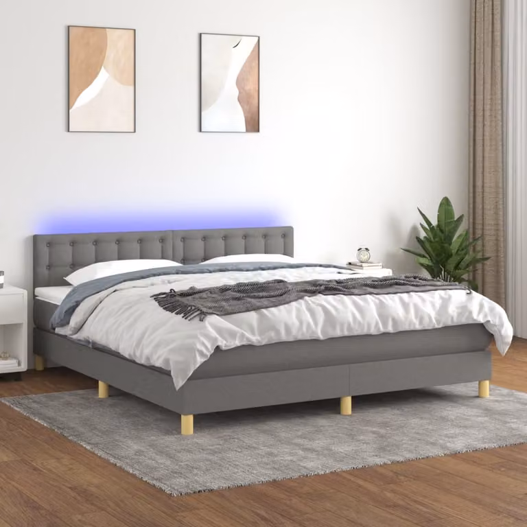 The Living Store Letto a molle con materasso e LED in tessuto grigio scuro 160x200 cm