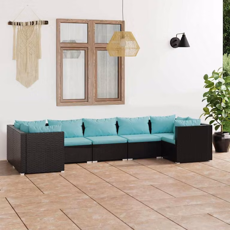 Set di divani da giardino vidaXL a forma di L composto da 7 pezzi con cuscini blu e struttura in metallo nero