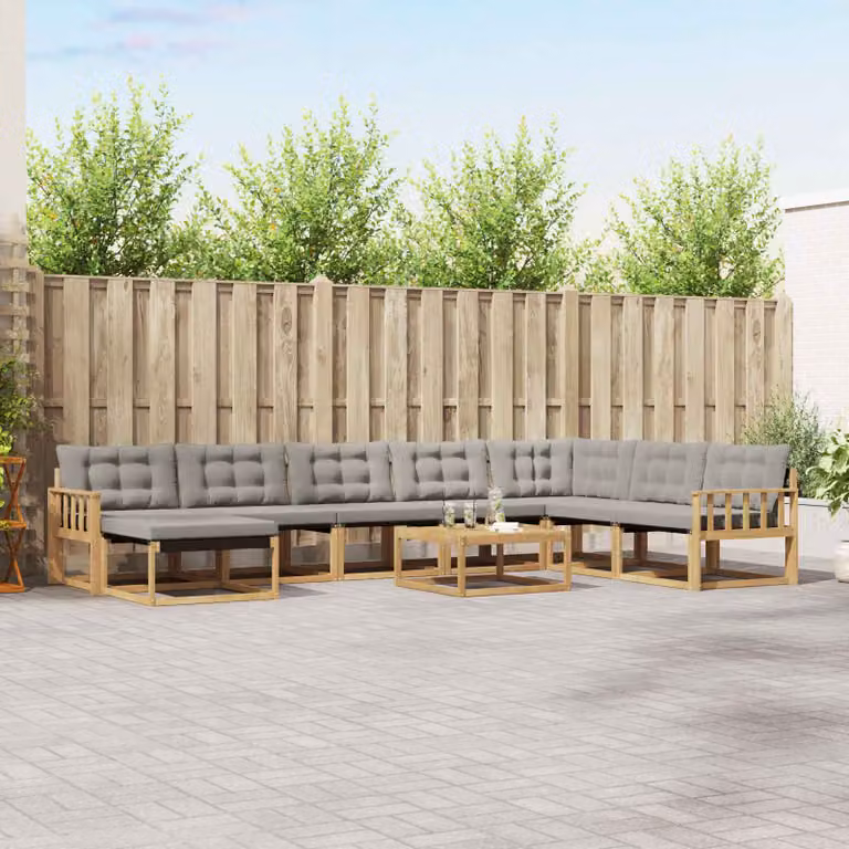 vidaXL Set di divani da esterno 9 pz in legno di acacia con cuscini bianchi e grigi e tavolino da giardino