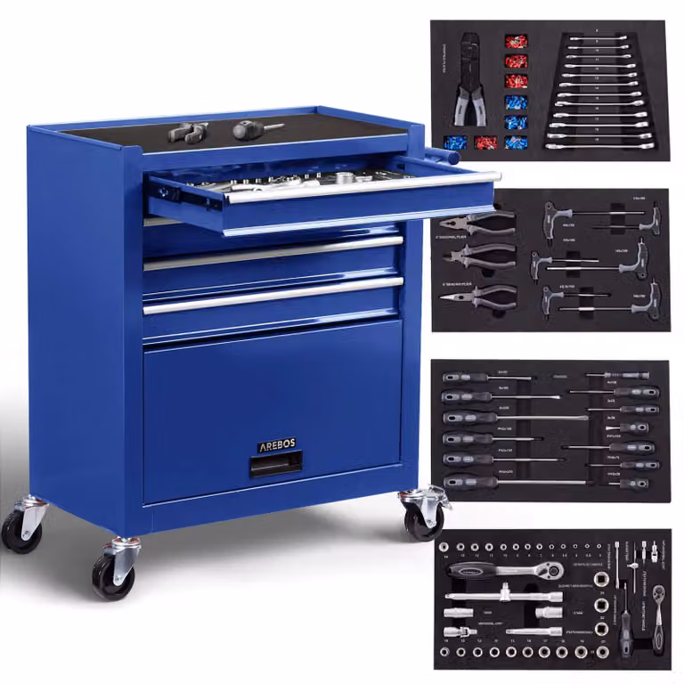Carrello da officina AREBOS, 4 cassetti, 81 utensili, tappetini antiscivolo, rosso/blu