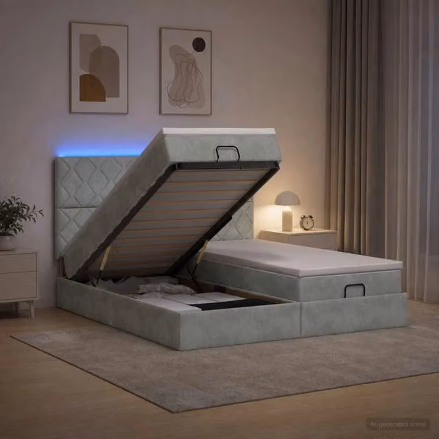 Letto Ottomano vidaXL con Materasso e Illuminazione LED, Grigio Chiaro, L/P/H: 160 x 200 x 88 cm – 1