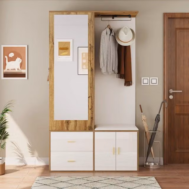 Set di mobili da ingresso MIVRAY con specchio, panca imbottita, scarpiera e appendiabiti, colore bianco e naturale, L/P/H: 100 x 38 x 180 cm