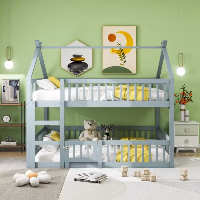 Letto a castello per bambini 140x200 con scala integrata; struttura in legno grigia