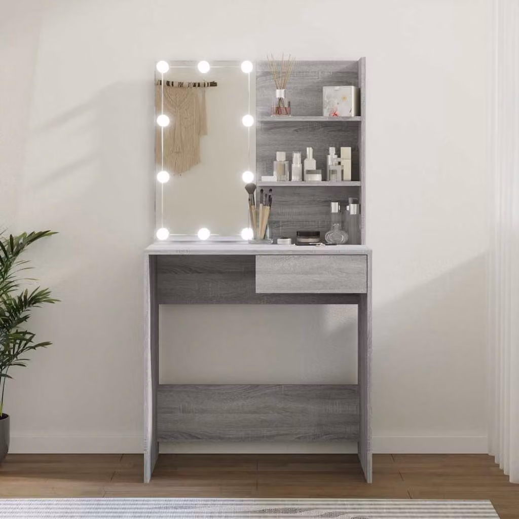 vidaXL Toeletta con LED Grigio Sonoma L: 74,5 cm, P: 40 cm, H: 141 cm