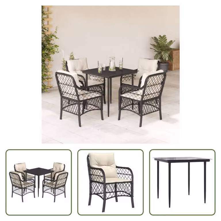 The Living Store Set da pranzo da giardino 5 pezzi con cuscini in poly rattan nero