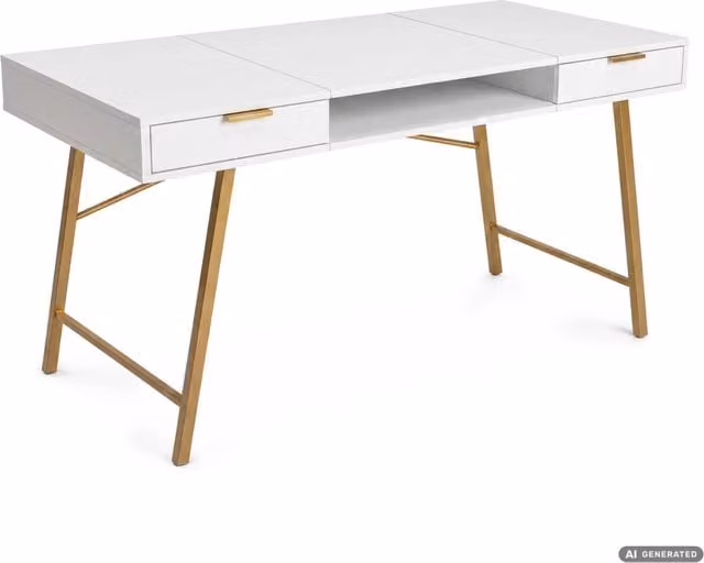 Scrivania da computer industriale AKORD FURNITURE FACTORY bianca con gambe dorate L: 120 cm