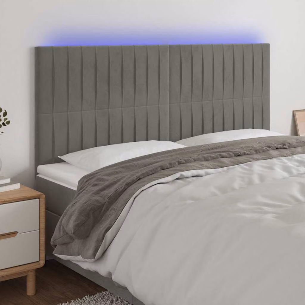 Testiera per letto vidaXL in velluto grigio con illuminazione LED e porta di ricarica USB, L/P/H: 160 x 5 x 118/128 cm