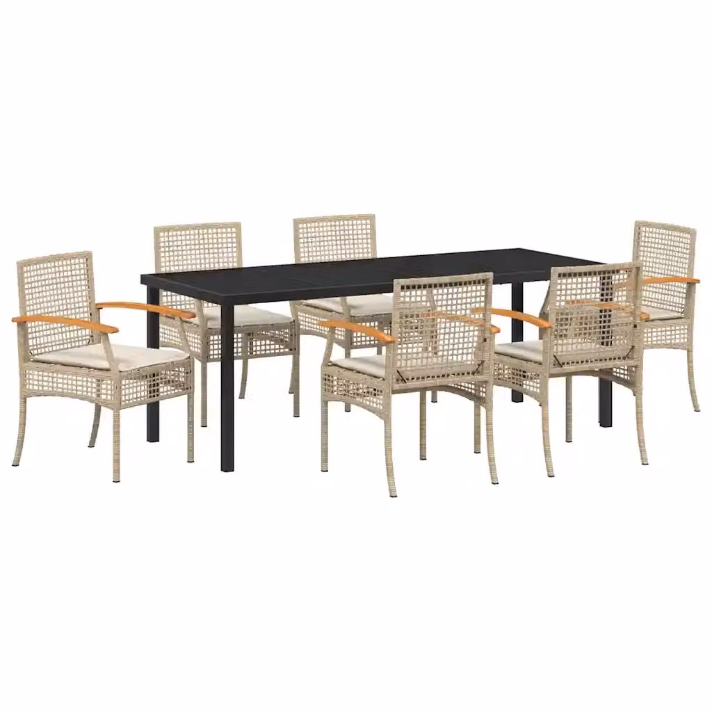 Set da pranzo per giardino e terrazzo vidaXL in polyrattan e legno di acacia con piano in vetro, 7 pezzi, beige e nero – 2