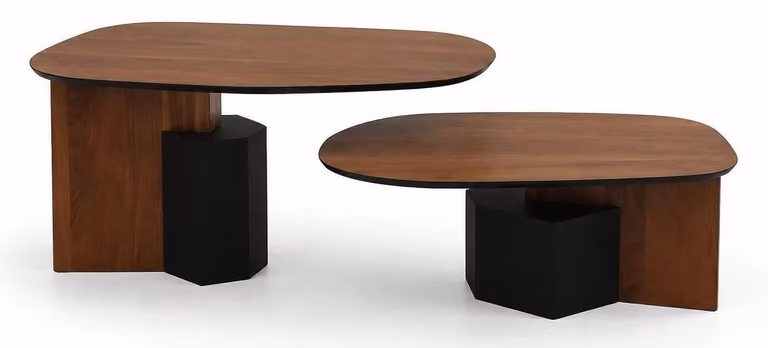 Tavolino da divano doppio, design moderno, colore nero. Combinazione di due tavolini laterali, forma asimmetrica