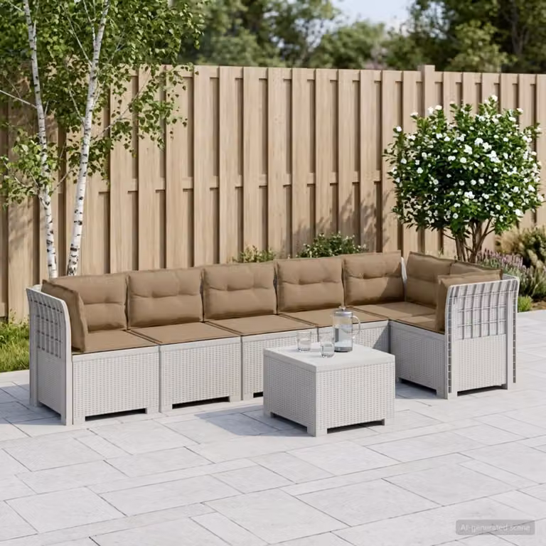 Set da giardino vidaXL a forma di L con 6 posti, design moderno in rattan con cuscini bianchi e beige e tavolino da caffè incluso