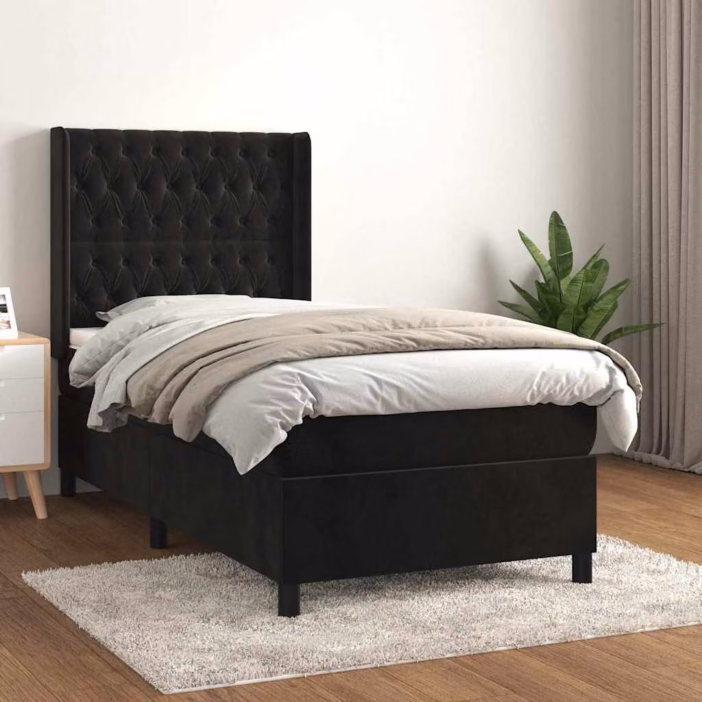 vidaXL Giroletto a Molle con Materasso Ibrido in Velluto Nero, L/P: 100 x 200 cm – 1