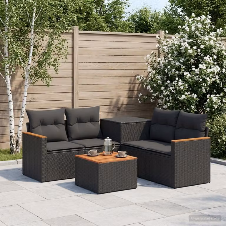 Set di divani da giardino vidaXL in 6 pezzi con polyrattan e metallo nero, design moderno a forma di L con cuscini inclusi e tavolino da caffè