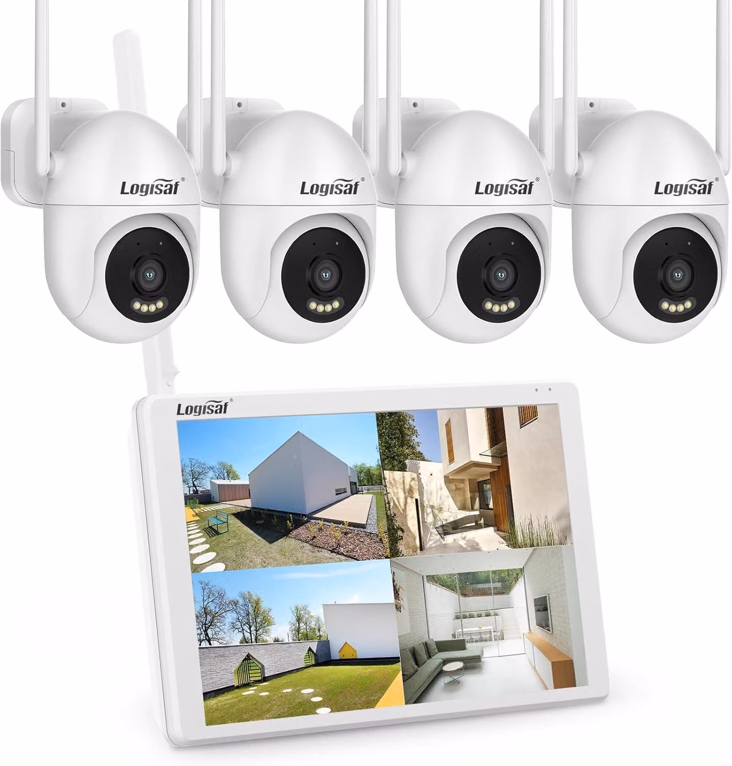 Telecamera di sorveglianza PTZ per esterni con monitor da 10 pollici, sistema di registrazione NVR WiFi a 10 canali e risoluzione 5 MP, 4 telecamere PTZ a 360° con registrazione 24 ore su 24, visione notturna a colori e tracciamento automatico