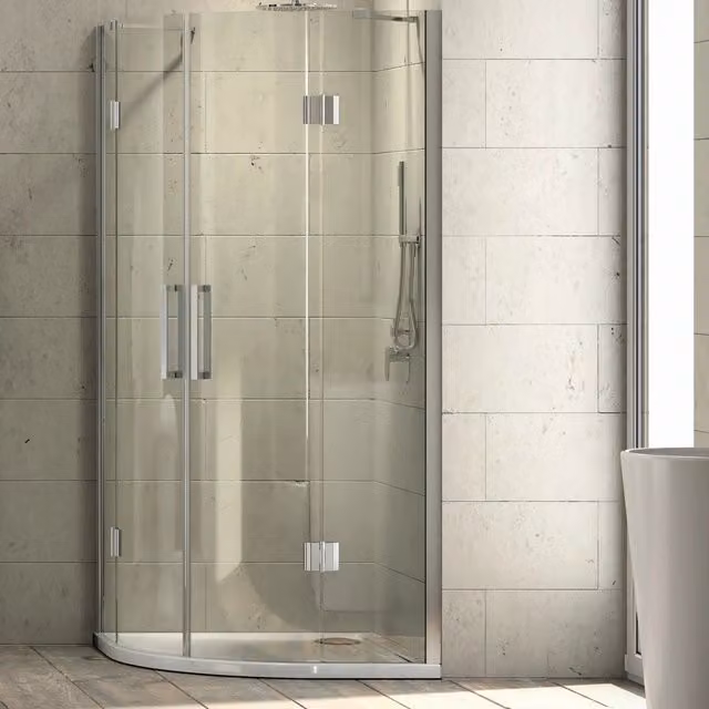 Cabina doccia semicircolare Ogomondo a due ante battenti in cristallo trasparente da 8 mm, L/P: 88-90 x 88-90 cm, H: 195 cm