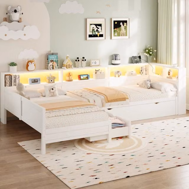 Letto estraibile 90 × 200 cm 3 posti con 5 mensole, cassetto, LED regolabile, USB e USB-C, senza materasso