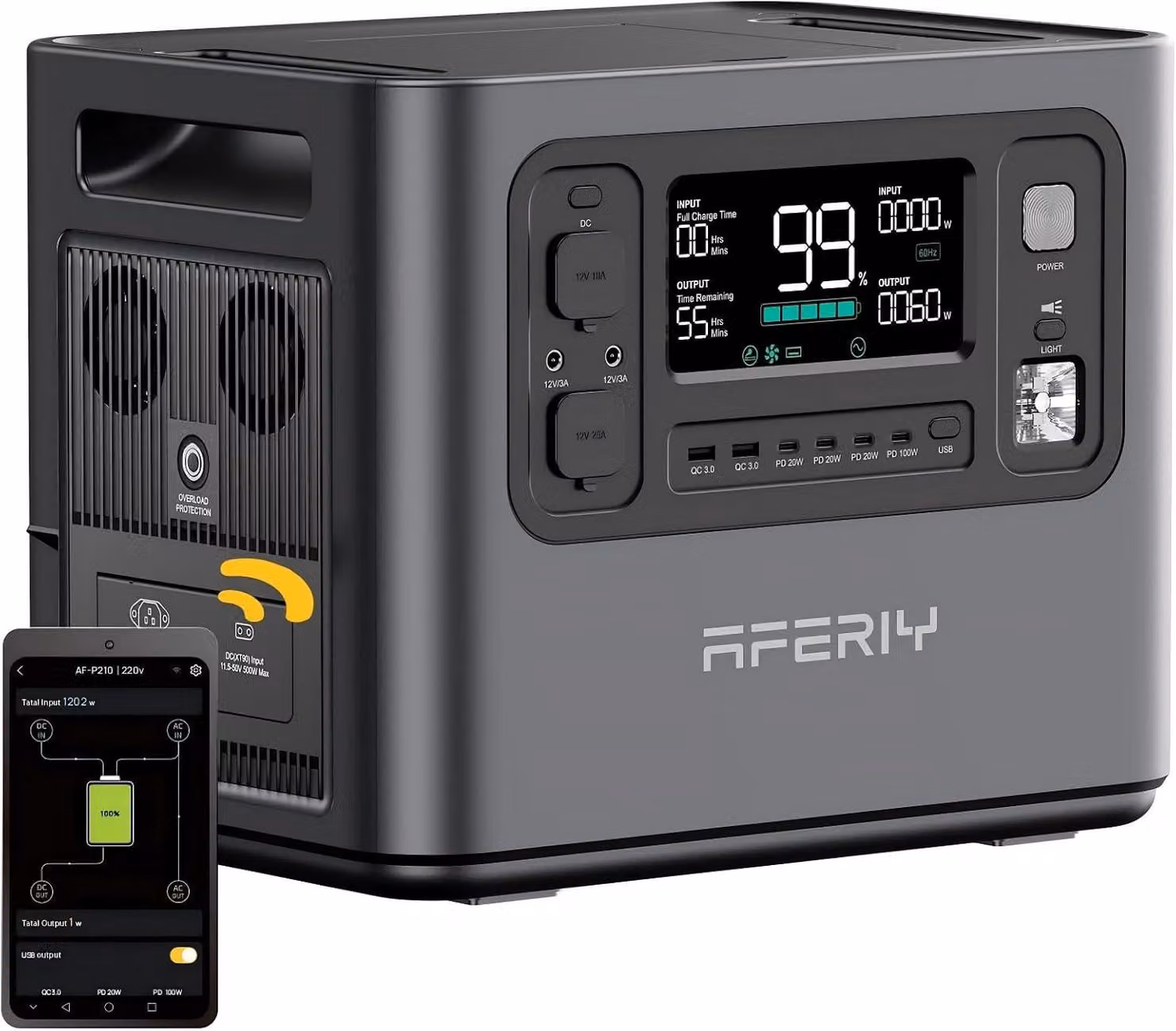 AFERIY P210 Stazione di Energia Portatile 2400 W 2048 Wh, Batteria LiFePO4, Ricarica 1100 W, Ingresso Solare 500 W, UPS