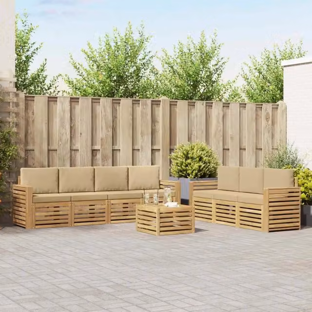 Set da giardino moderno vidaXL composto da divano a 3 posti, poltrone e tavolino da caffè in legno di acacia trattato, colori bianco e beige con cuscini inclusi