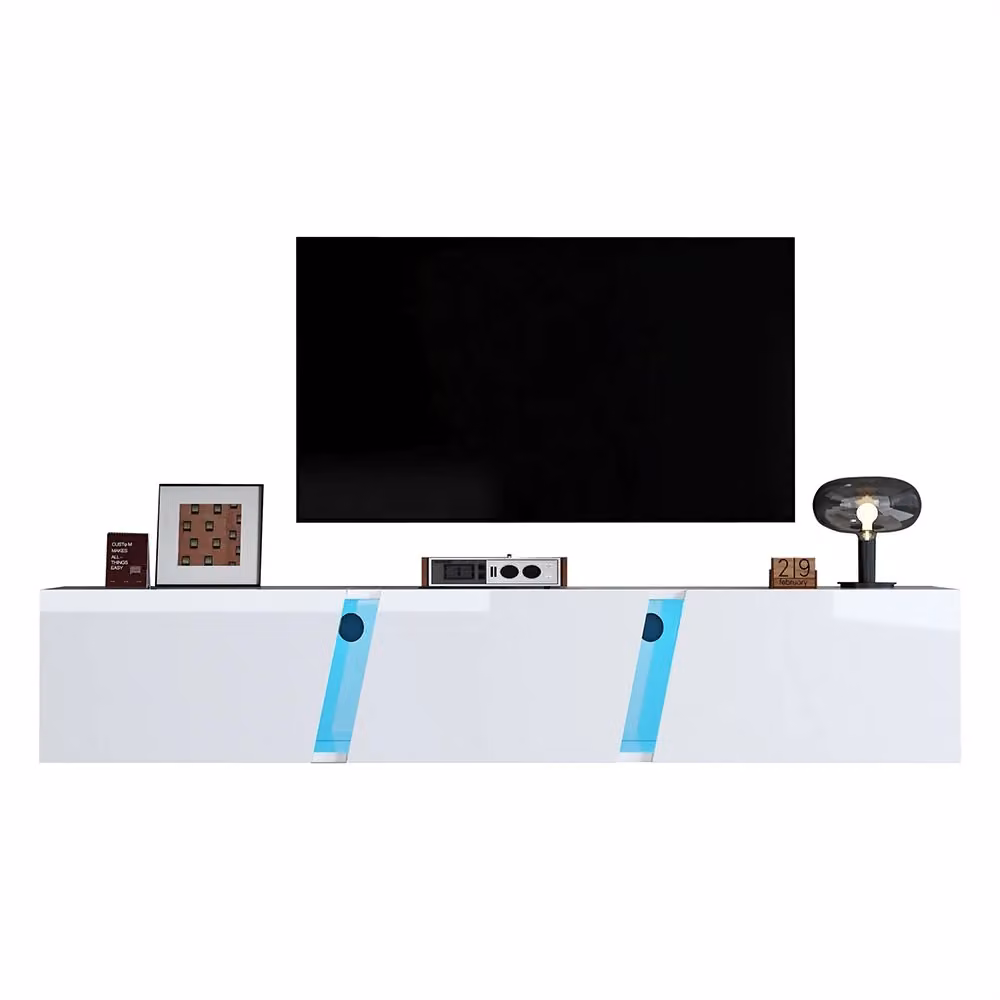Mobile TV sospeso Xylo moderno con illuminazione LED e 3 porte, L/P/H: 180 x 35 x 30 cm, bianco e blu – 2