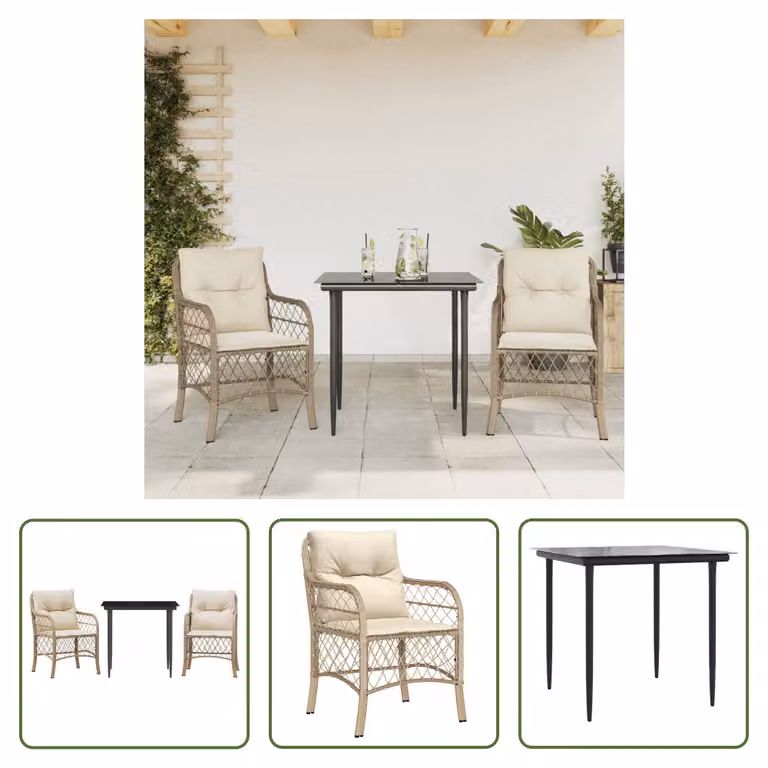 The Living Store Set da bistrot 3 pezzi con cuscini Beige poly rattan
