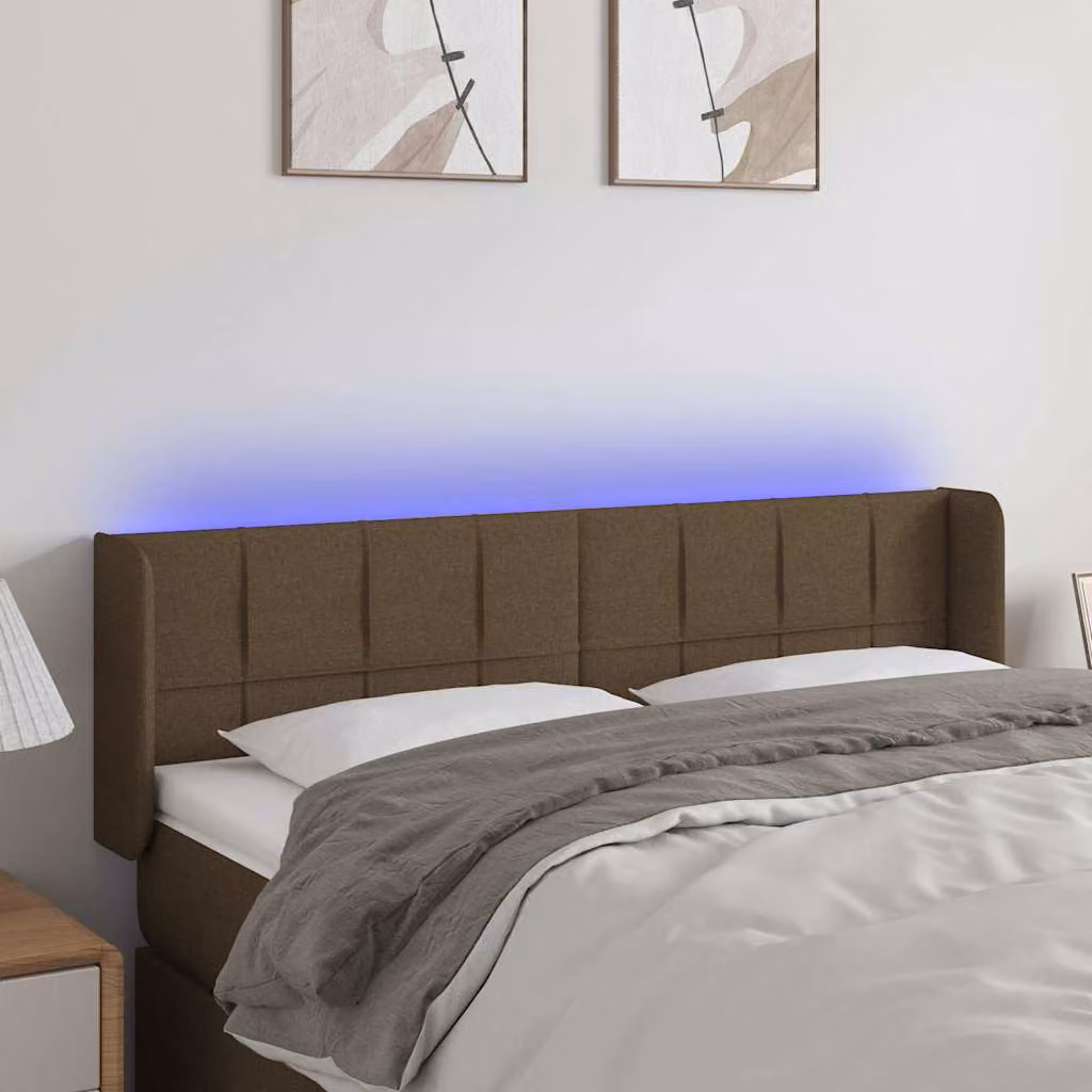 Testiera per letto vidaXL in tessuto marrone con illuminazione LED e porta di ricarica USB, L 147 cm x P 16 cm x H 78/88 cm