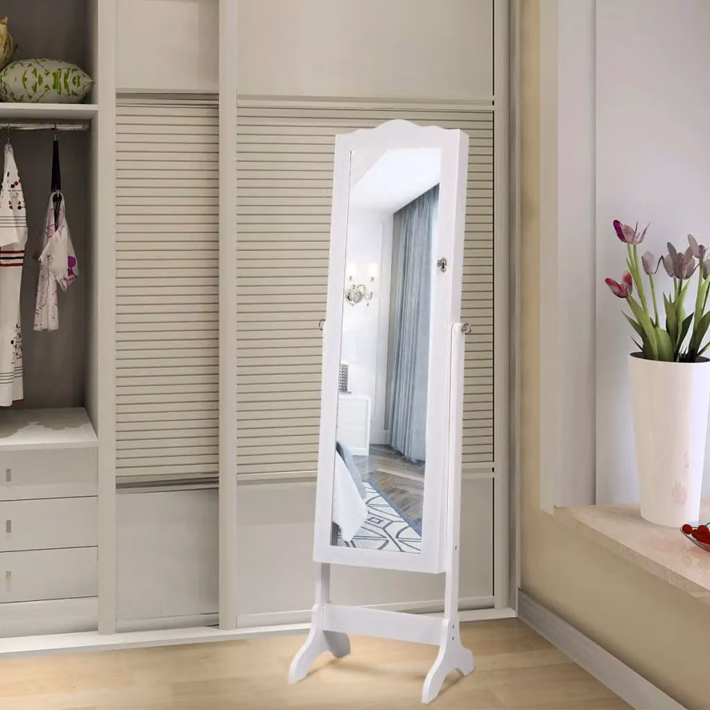 Armadio portagioie Design Mania bianco con specchio a figura intera, illuminazione LED integrata, ripiani e cassetti con serratura, H: 160 cm, L: 37 cm, P: 37 cm – 2