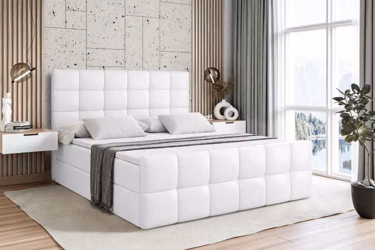 Letto boxspring ALTDECOR con materasso e rete a doghe - - BRUGO -Z - 140x200 cm, ecopelle bianca - Letto boxspring, pediera, topper, letto imbottito con contenitore, letto con vano portaoggetti H3 - Materasso, letto matrimoniale, letto boxspring