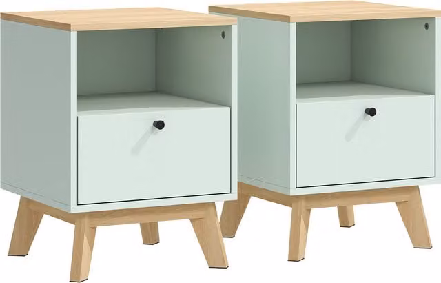 Set di 2 comodini HOMCOM con cassetto e vano aperto, Rovere e Verde, L 40 cm x P 40 cm x H 55 cm