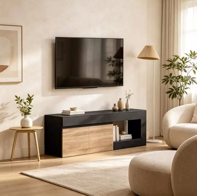 Mobile TV con 2 ante in legno truciolare nero e naturale, per TV fino a 60 pollici, con armadio e ripiano aperto