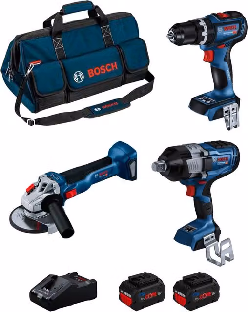 Bosch Kit BK3014BAG con Avvitatore a Impatto GDS 18V-160 HC, Smerigliatrice GWS 18V-10, Trapano Avvitatore GSB 18V-90 C, 2 Batterie ProCORE da 8,0 Ah e Caricatore GAL18V-160 Blu