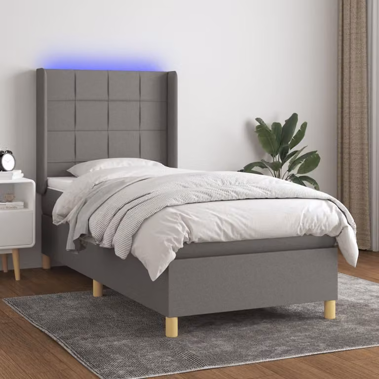 The Living Store Letto a molle con materasso e LED in tessuto grigio scuro 90x200 cm