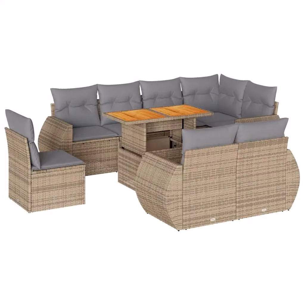 Set Divano da Giardino 9 pz vidaXL in Polyrattan con Cuscini Beige e Grigio e Struttura in Legno di Acacia Oliato – 2