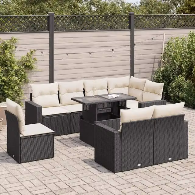Set di Divani da Giardino vidaXL 9 Pezzi in Polyrattan Nero con Cuscini e Tavolino da Esterno