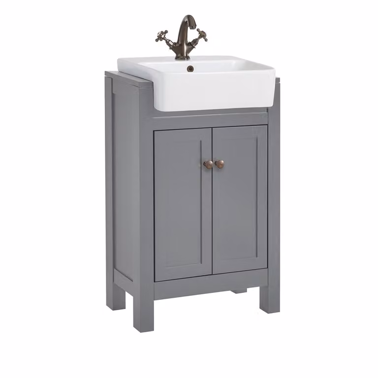 Mobile Bagno Grigio Chiaro da 550mm con Lavabo e  Maniglia Classica Rotonda in Bronzo Spazzolato - Warwick