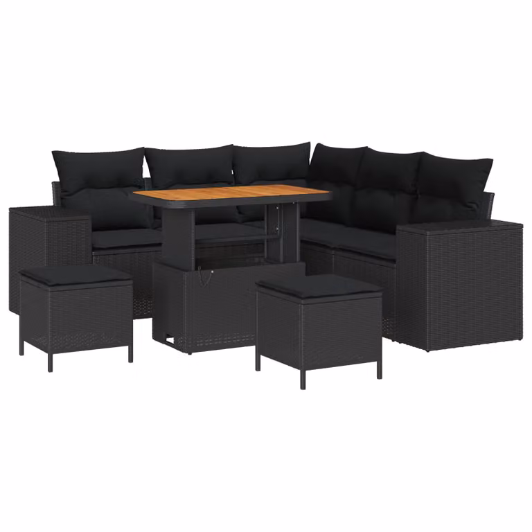 Set Divano da Giardino vidaXL 8 pz Nero con Cuscini e Tavolino in Polyrattan e Acciaio
