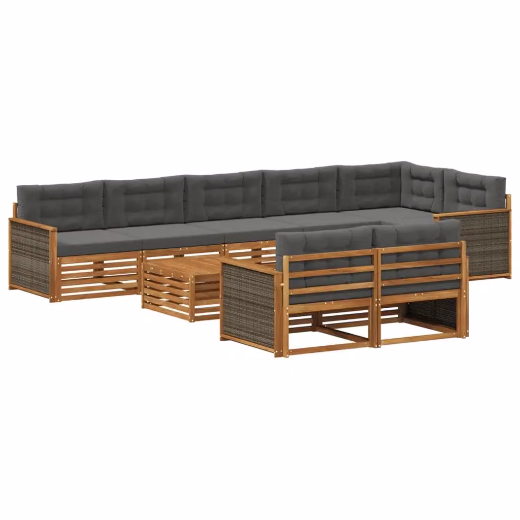 Set di divani da esterno a forma di U vidaXL in legno di acacia grigio con 9 pezzi e cuscini inclusi – 2