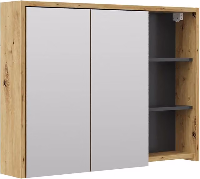Specchio contenitore da bagno Vicco moderno con ante a specchio e ripiani interni, Rovere e Antracite, L: 100 cm, H: 75 cm – 1