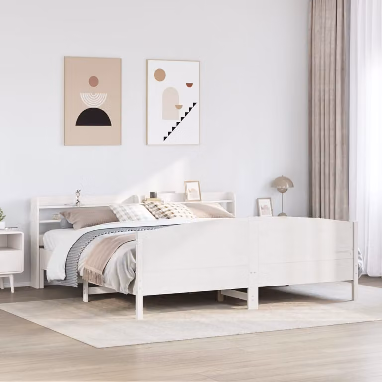 vidaXL Giroletto in Legno di Pino Massello Bianco con Doghe Fisse e Ripiani Laterali L/P/H: 200 x 210 x 160 cm