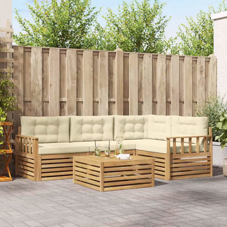 Set di divani da esterno vidaXL a forma di L con tavolo da caffè, composto da 6 pezzi in legno di acacia e tessuto bianco, beige e marrone