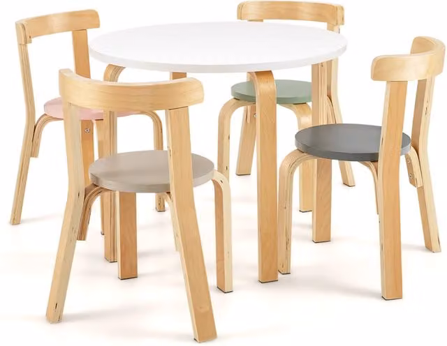 Set tavolo e sedie per bambini da 5 pezzi con schienale curvo in legno, Tavolo attivit¨¤ con 4 sedie Colorato