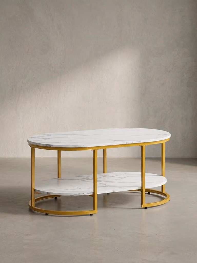 Tavolino da salotto 100x60x45 cm bianco con effetto marmo, tavolo da salotto di design rettangolare, tavolino da salotto con ripiano, tavolino da caffè moderno con struttura in metallo dorato