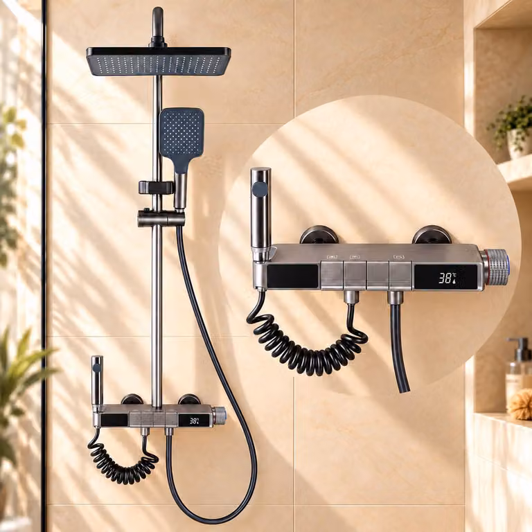 Colonna doccia termostatica, digitale, con altezza regolabile, 4 modalità, colore nero titanio