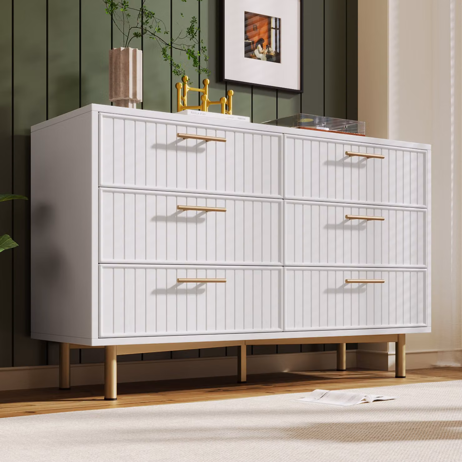 Cassettiera Abrihome con 6 cassetti, credenza bianca, larghezza 120 cm