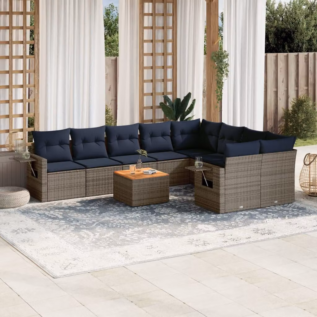 Set di divani da giardino vidaXL in polyrattan grigio con cuscini e tavolino da esterno a forma di L