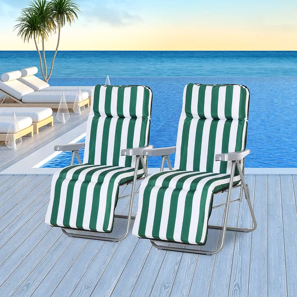 Set di 2 sedie a sdraio da giardino GIORDANOSHOP con braccioli reclinabili e poggiatesta regolabile, design a righe bianco e verde – 2