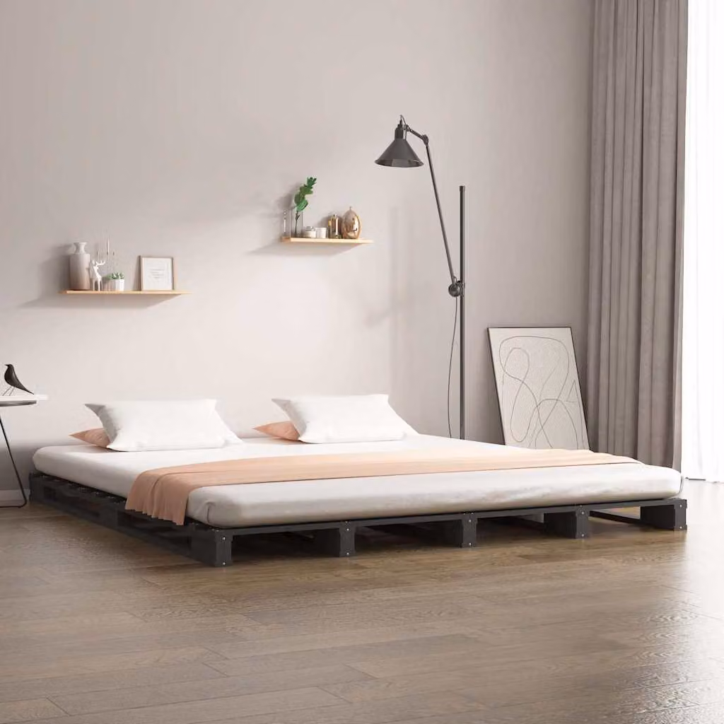 Letto a Pallet vidaXL in Legno di Pino Massello Grigio L: 150 cm, P: 200 cm – 1
