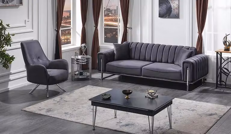 Sofa Set 3+1 Sitzer Wohnzimmer Luxus Chesterfield Grau Sofagarnitur