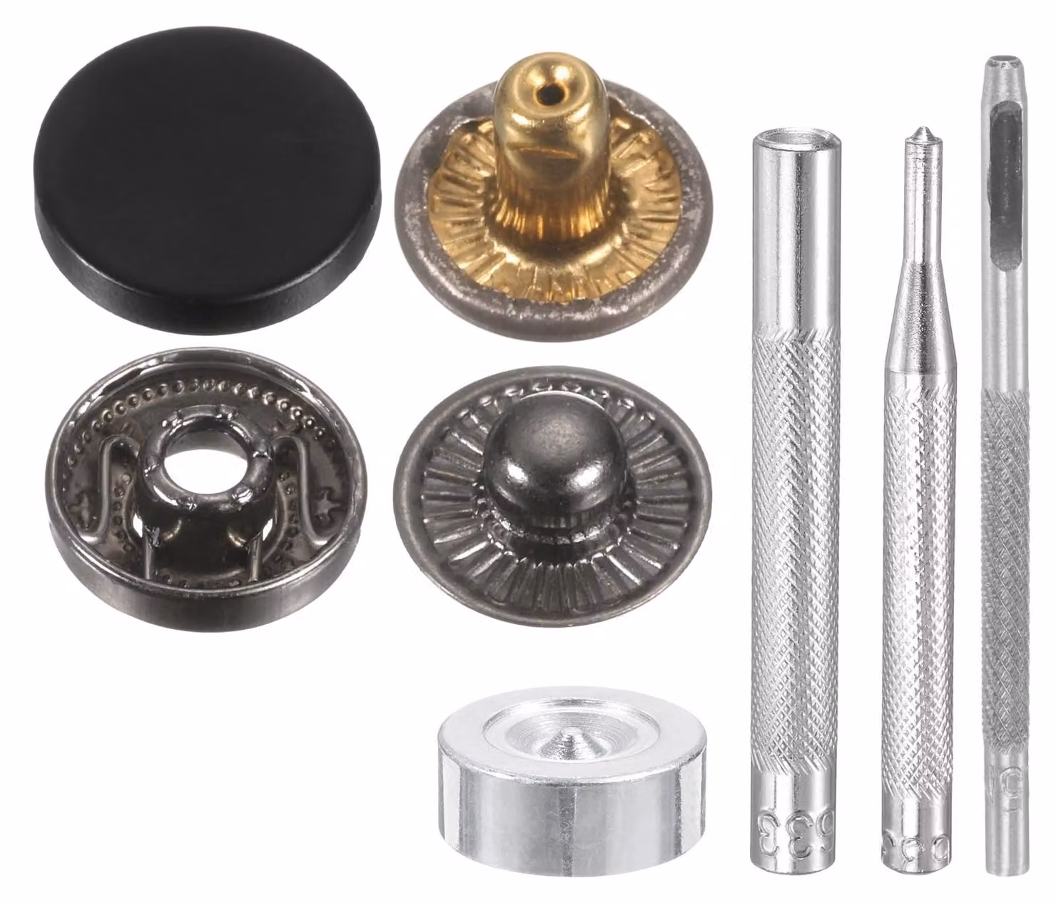 Set di bottoni a pressione, 24 pezzi, diametro 15 mm, in ottone, finitura nera opaca, con 4 utensili